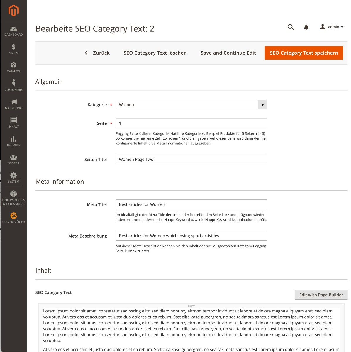 SEO Category Texts Backendkonfiguration