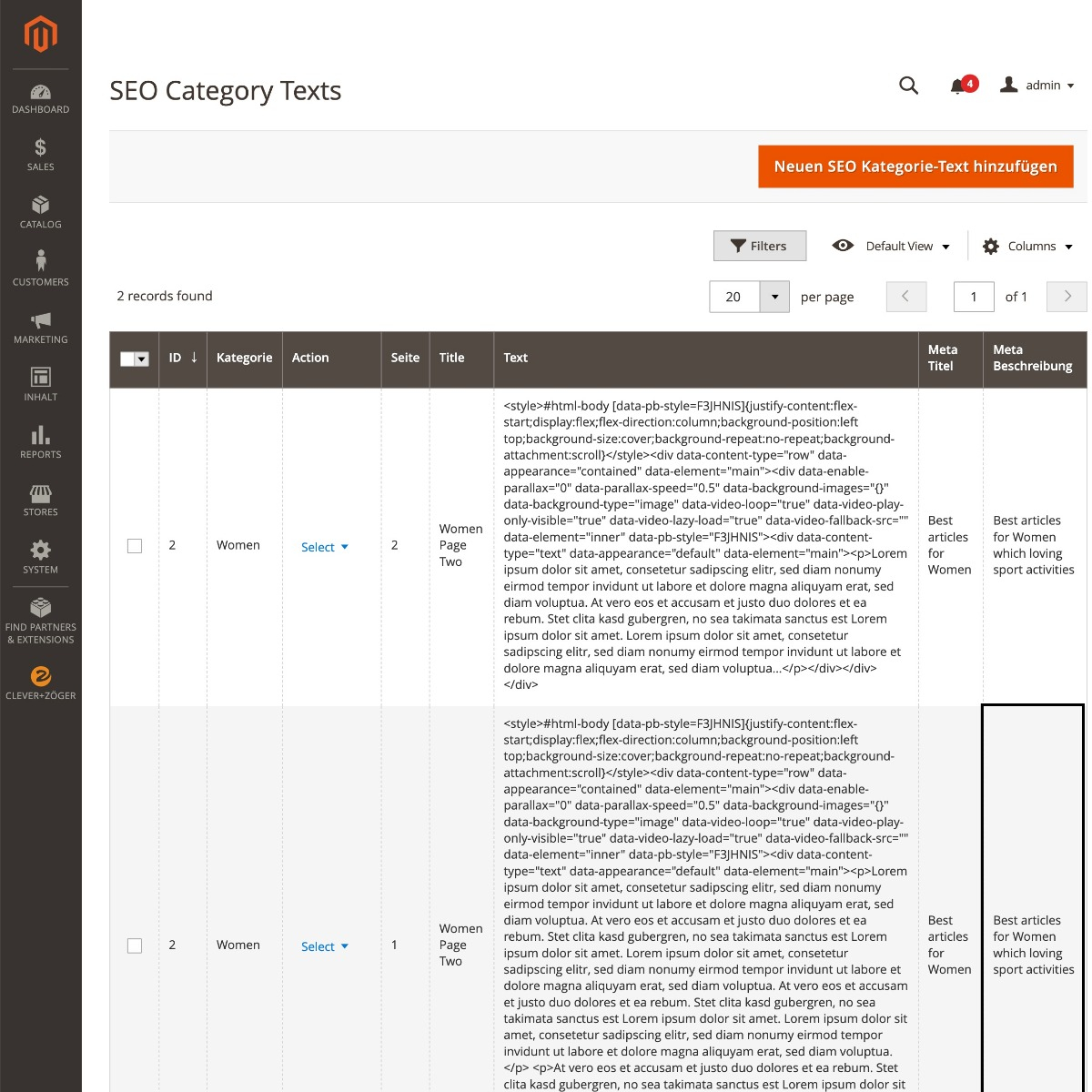 SEO Category Texts Übersicht Konfiguration Magento Backend