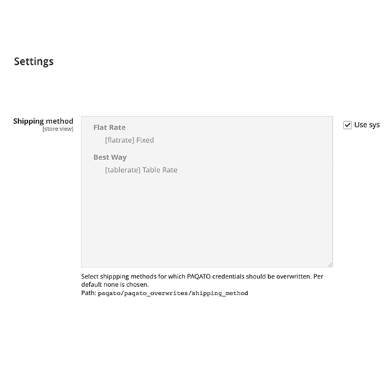 PAQATO-Connect Backend-Einstellungen in Magento für die Shipping-Methode